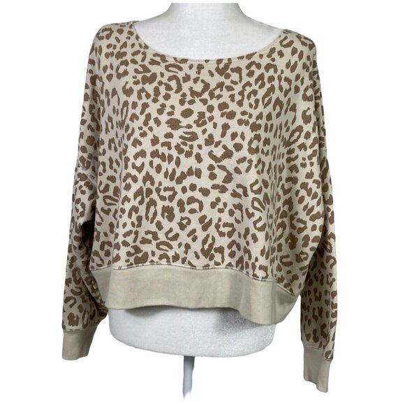 Aerie Size Small Leopard Animal Print Oversized Cropped Sweatshirt Brown Beige - Picture 1 of 12